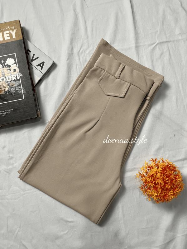 Oro Pants Knit Celana Panjang Korean Style Wanita Highwaist Anti Kusut Nyaman Casual Basic Kulot Formal Loose Kantor Variasi Kantong Karet ivory outfit ootd 3
