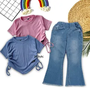 SETELAN ANAK PEREMPUAN / ONE SET CUTBRAY JEANS ANAK KEKINIAN / KNIT SERUT TANGAN PENDEK ANAK / KAOS CROPTOP ANAK USIA 1-12 TAHUN