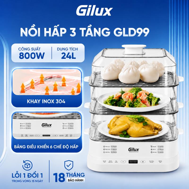Nồi Hấp Cách Thuỷ Đa Năng 3 Tầng- 24Lit - Hấp Gà Nguyên Con - Gilux