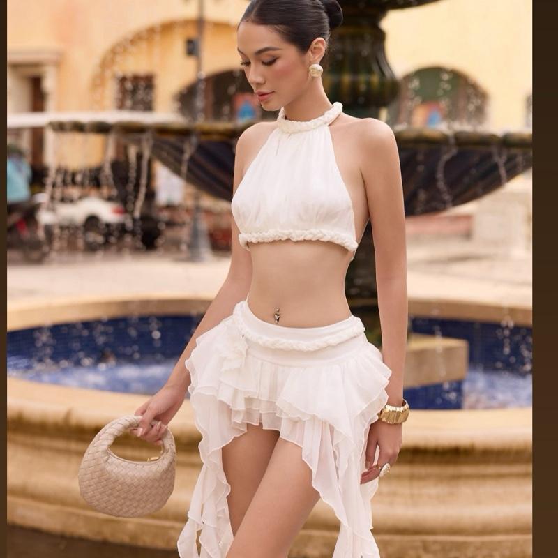 [ BKN 1015 ] Set đi biển CHINFON áo yếm dây đan + phối váy bèo tua rua cao cấp