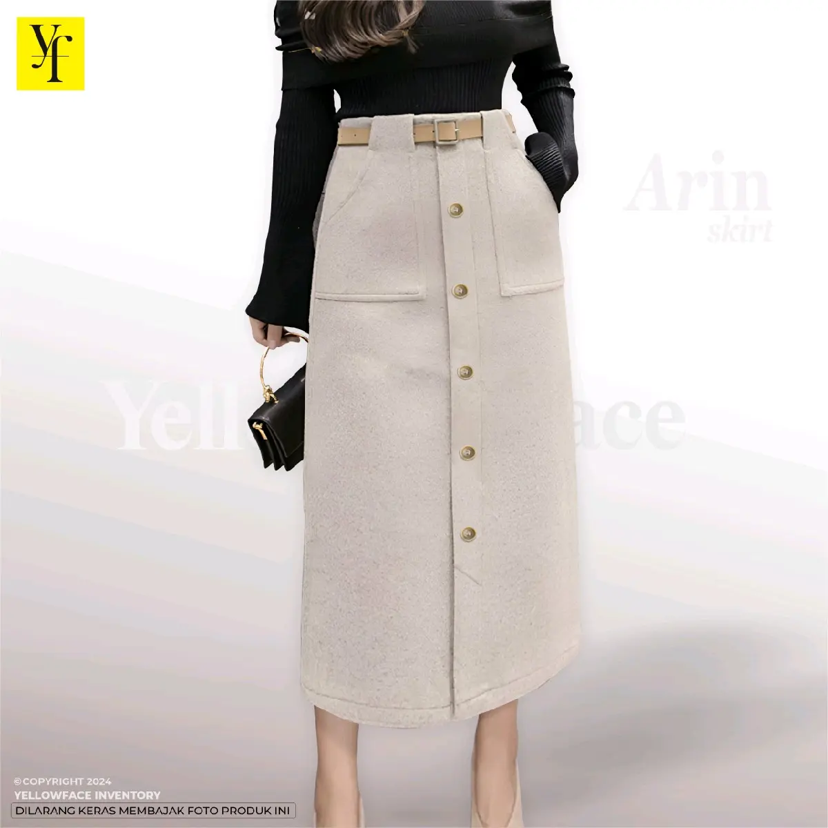 Yellowface Arin Skirt / Rok Belt Korean Style Bahan Semi Wool Premium / Rok Span Polos Versi Midi Dan Panjang / Rok Size Standart Sampai Jumbo Free Belt / Rok Kancing Formal Casual