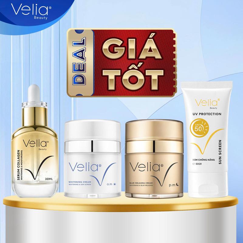   #40 DEAL GIÁ TỐT  Bộ 04 Kem Cải Thiện Nám Kem Trắng Da Serum Collagen Kem Chống Nắng VELIA Skincare 