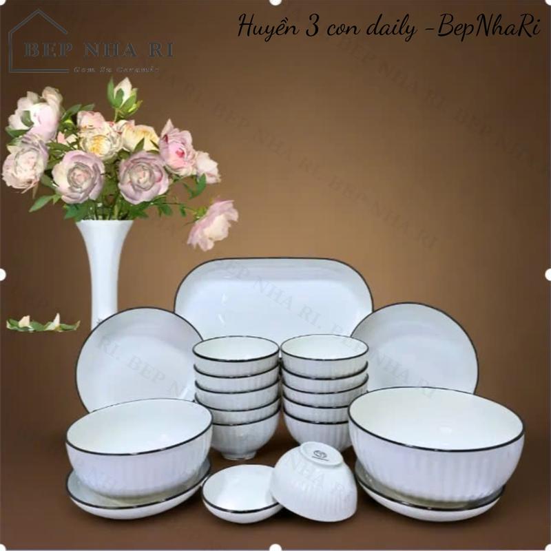 [ Huyen3con TẶNG ĐĨA CÁ ] Bộ bát đĩa màu trắng viền đen gốm sứ CERAMIC - Decor trang trí bàn ăn gia đình