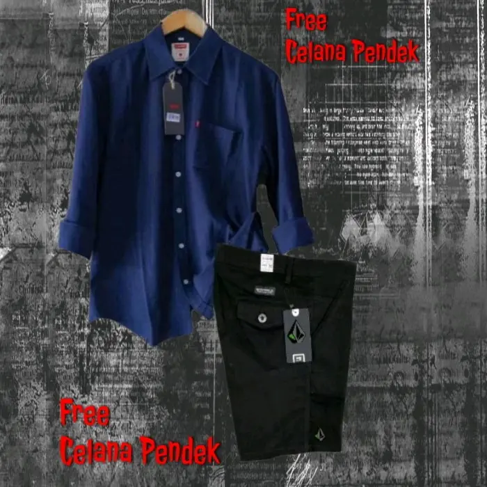 PAKET HEMAT COD Setelan Kemeja Lengan Panjang Pria Dewasa Celana Pendek Pria Dewasa Laki Laki One Set Pria Polos Lengan panjang Katun 5