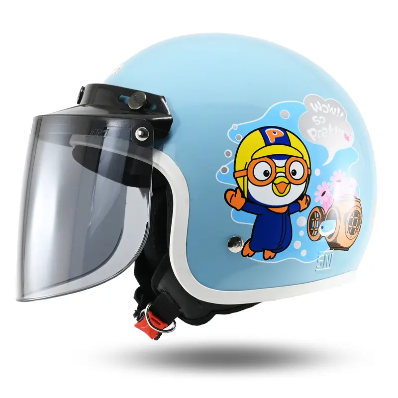 Helm Biru Pororo Bogo Retro Anak cowok lucu  karakter kartun SNI kekinian Kaca Motorcycle 0