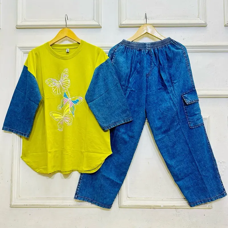 Baju Setelan Jeans Wanita Jumbo LD 120 Dewasa Atasan Kaos Combed 24s, Bawahan Celana Jeans Kulot Cargo Panjang Motif Sablon Adem dan Nyaman 4