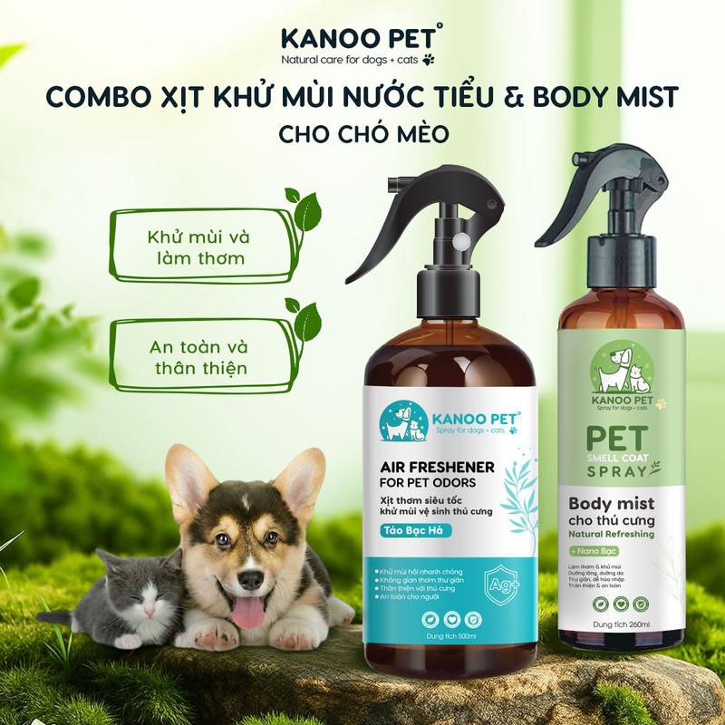 Combo 2 Bình Xịt Khử Mùi Nước Tiểu Chó Mèo Và Bodymist Xịt Thơm Chó Mèo KANOO PET - Giúp Làm Thơm Nhanh Chóng Khử Sạch Mùi Hôi Nhanh Chóng Hiệu Quả