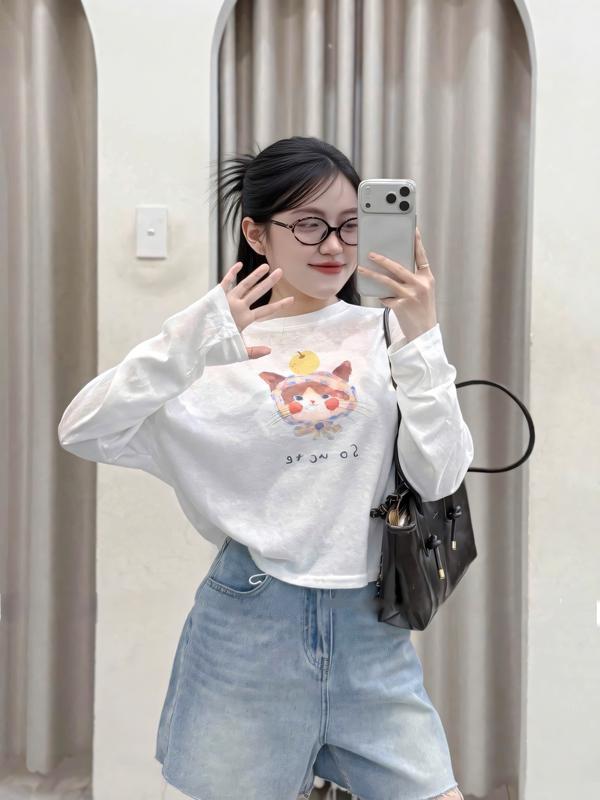 Áo Thun Giấy Nữ Tay Dài Chất Vải Thun Xước Mỏng In Hình Xinh Cute Áo Phông Nữ Basic Form Rộng Size S-M Phù Hợp Cân Nặng 38-65kg