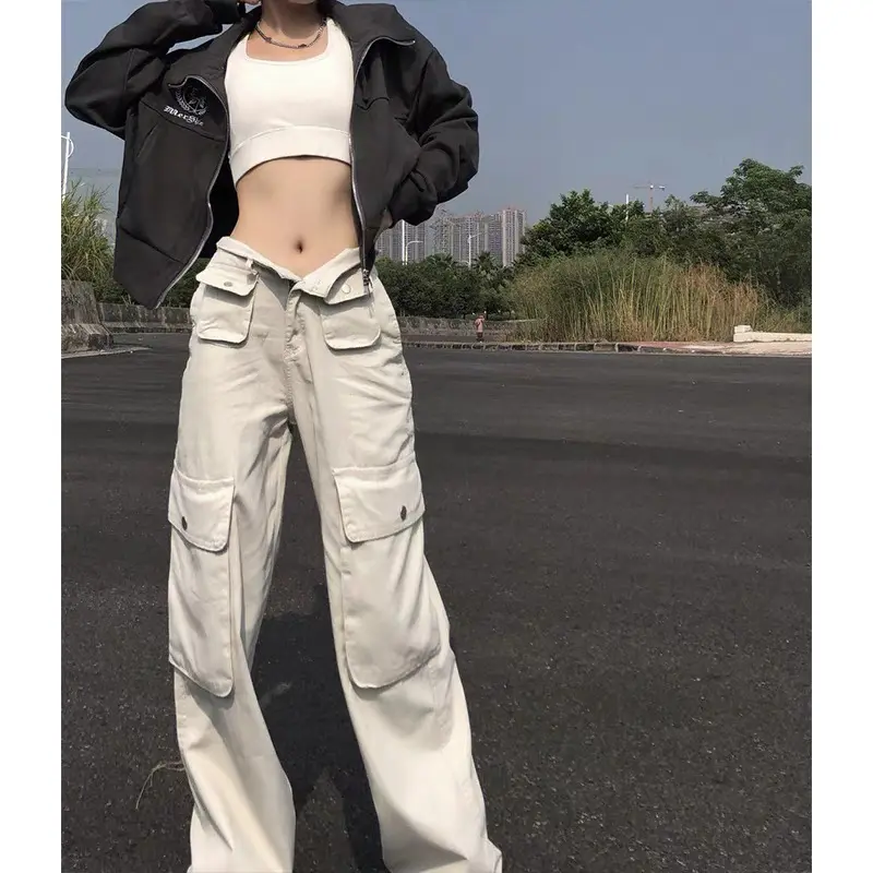 BB-1702 Celana Highwaist Kaki Lebar Multi-Saku Pasir High Waist Wanita/ Celana Jeans Cargo Loose Berpinggang Tinggi Korean Style Muda Panjang Retro Straight