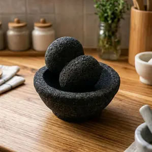 Cobek Batu Mini Asli Merapi 12cm + Ulekan Bulat Layah Lemper