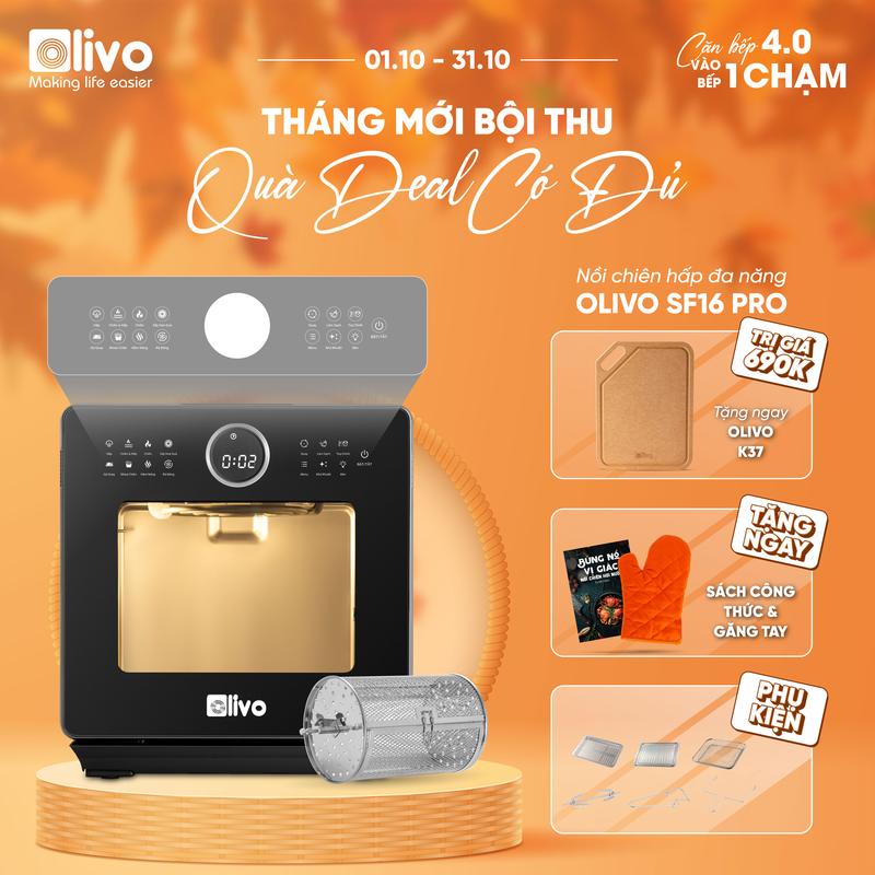 Nồi Chiên Hơi Nước OLIVO SF16 PRO – 70 Chương Trình Cài Sẵn, Công Suất 2800W, Phụ Kiện Và Lòng Nồi Inox 304, Chiên Eco Fry và Hấp Nano Steam, Quay Gà Nguyên Con