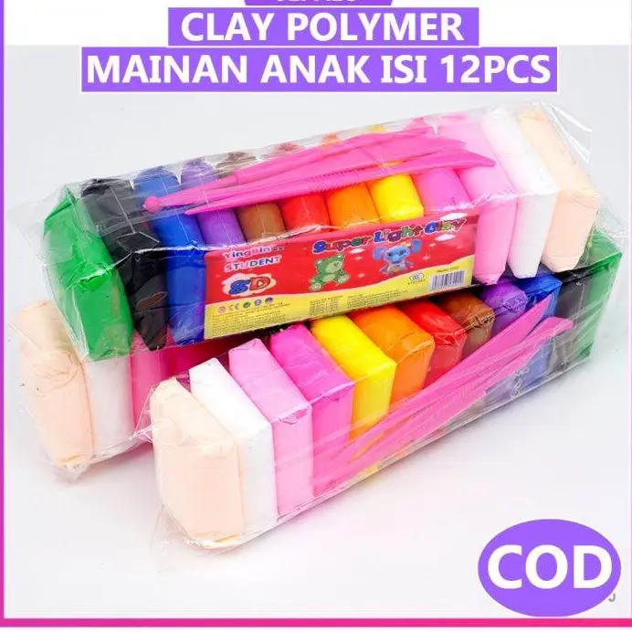Mainan Clay Polymer/Soft Clay 1 set Isi 12 pcs Warna-warni + Alat Pembentuk/Pemotong Toys