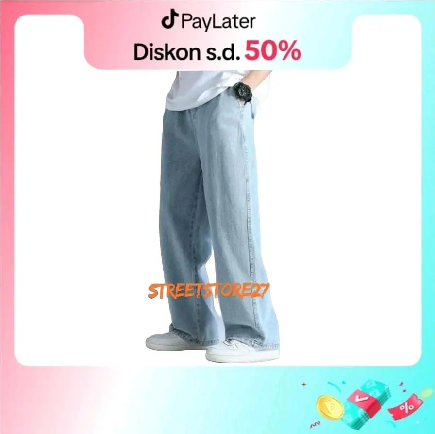 Celana Panjang Pria Jeans Loose Pants Korean Style Gombrang Warna Biru Bahan Tebal Minimalist Regular
