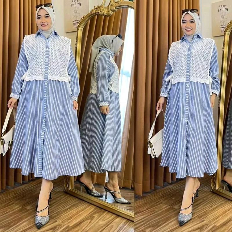 Long dress Tunik wanita Burkat Terbaru/Dress Tunik salur Ful kancing Kekinian/Tunik dress midi motif kombinasi Burkat Premium 1