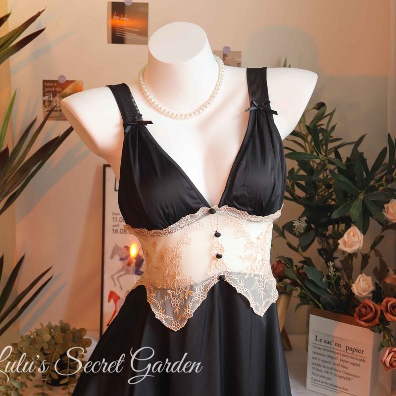 LULU 1053-Sexy Lace Hollow Solid Color Seductive Camisole Nightdress and Robe Set for Women - Homewear 5
