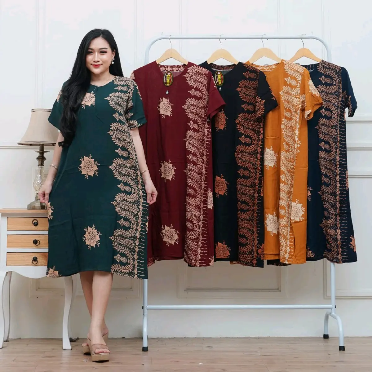 Daster Rose  wanita standar Rayon santung LD 110cm bawah Lutut sleepwear dress adem Lengen pendek hits Motif bunga Busui Nyaman rumahan abg