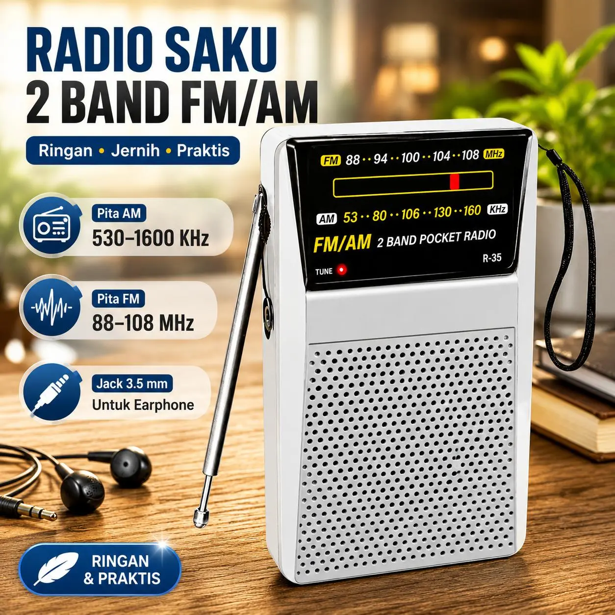 Radio Portable Antena Teleskopik AM/FM Headphone Jack 108MHz - R-35 - Silver