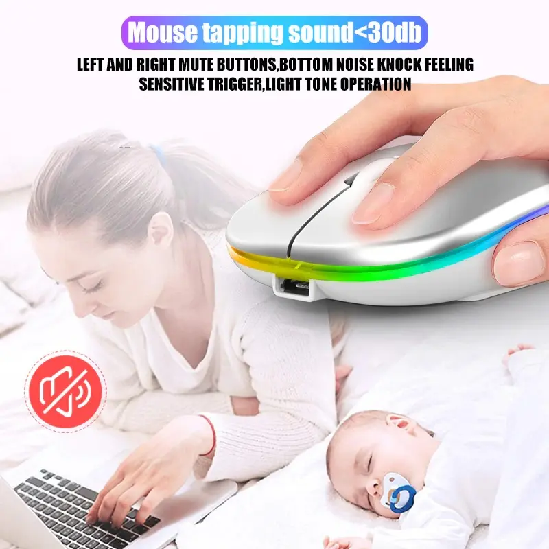 Mouse Gaming Wireless Bluetooth Rechargeable LED RGB Type C Silent Click 1600DPI Ergonomic USB Power Saving Baterai Tahan Lama Kursor Akurat untuk Komputer Laptop MacBook iPad Smartphone Tablet Portable Garansi Bisa COD Computer Device  Lampu RGB 3