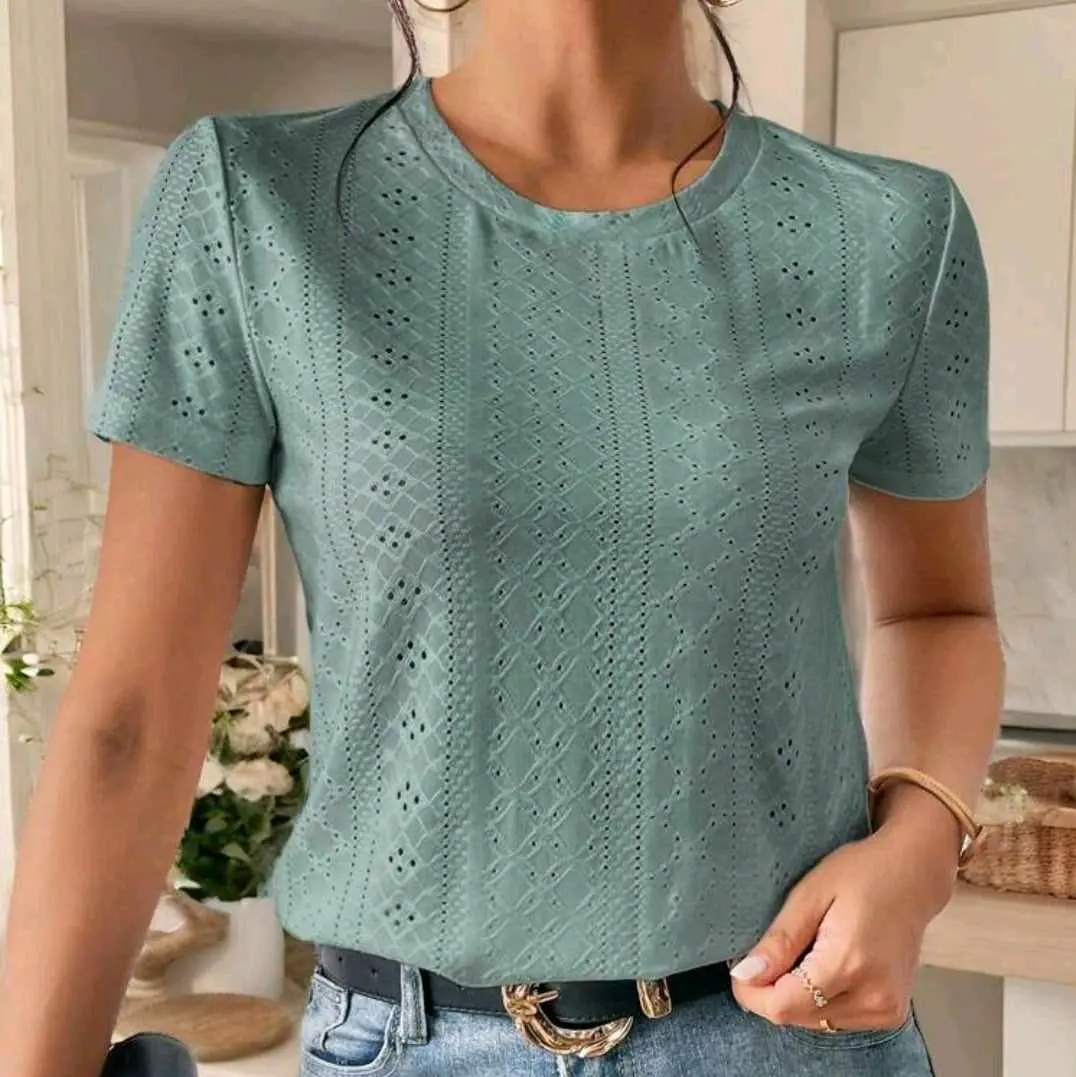 Ayel Fashion Womenswear Round Neck Eyelet Embroidery Tee Short Sleeve Tops Stretchable Eyelet  Fabric double linning