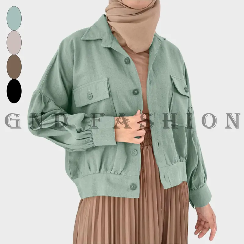 GNDFashion Atasan Baju Wanita Kemeja Saku Kancing Outher Crop Lengan Panjang Poli Linen - Casual Katun 4