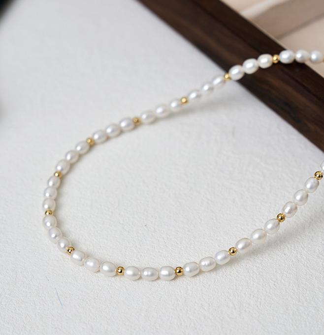 Product Introduction of N519 Fashion Jewelry For Women White  Freshwater Cultured Pearl With Steel Bead Stackable Rice Type Necklace 3
