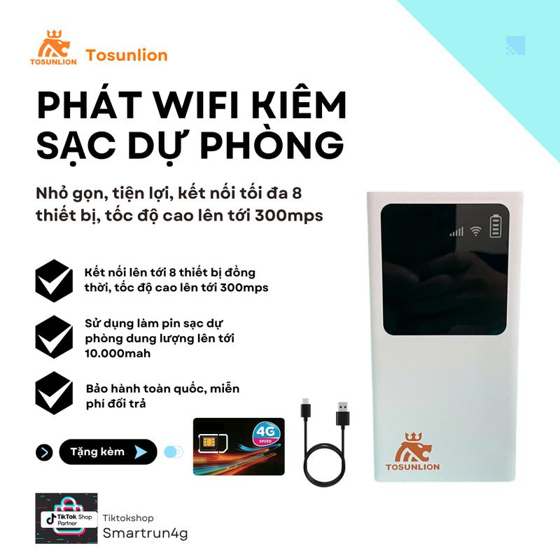 [Tăng 500GB] Phát wifi kiêm sạc dự phòng 10.000mah, kết nối 8 thiết bị, Bộ phát wifi di động tốc độ cao sử dụng mọi nơi, kết nối đa thiết bị điện thoại, máy tính, tivi - Miễn phi 500GB tháng đâu sử dụng