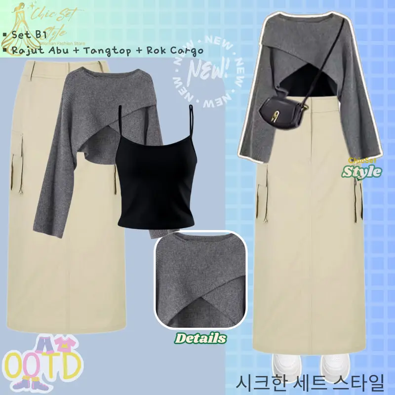 3in1 OOTD Korean Style CS034 One Set Kekinian Rajut Silang Tangtop Rok Cargo Outfit Cantik Outfit Kuliah Casual Setelan Keren Baju Remaja Wanita Atasan Dewasa Panjang 2