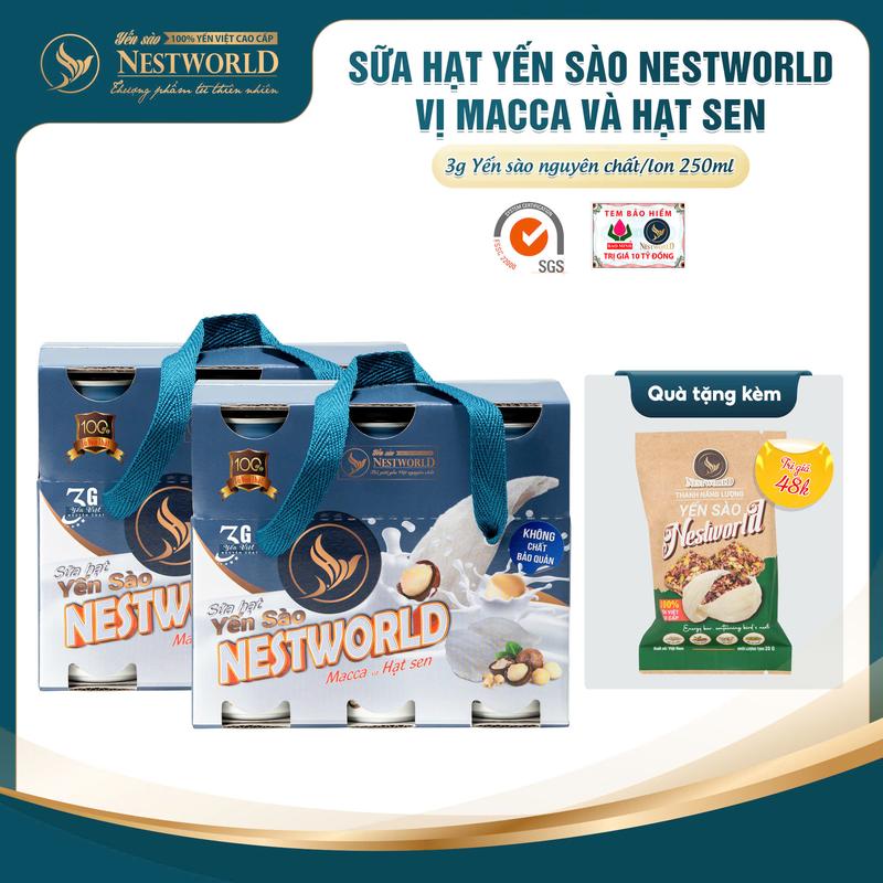 [COMBO 12 LON] NESTWORLD SỮA HẠT YẾN SÀO MACCA & HẠT SEN 250ML/LON - 3G YẾN VIỆT NGUYÊN CHẤT - BẢO QUẢN KHÔ RÁO & THOÁNG MÁT