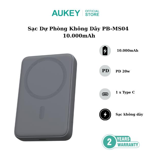 Pin Dự Phòng Aukey Magfusion Slim PB-MS04 10.000mAh PD 20W - Sạc không dây - Hàng Chính Hãng