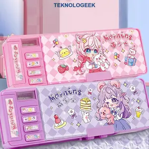 Kotak pensil kartun dua sisi Kotak pensil kata sandi multi-fungsi yang cocok kotak pensil multifungsi kotak pensil tombol mekanis pop-up untuk siswa kelas 1-3 TK