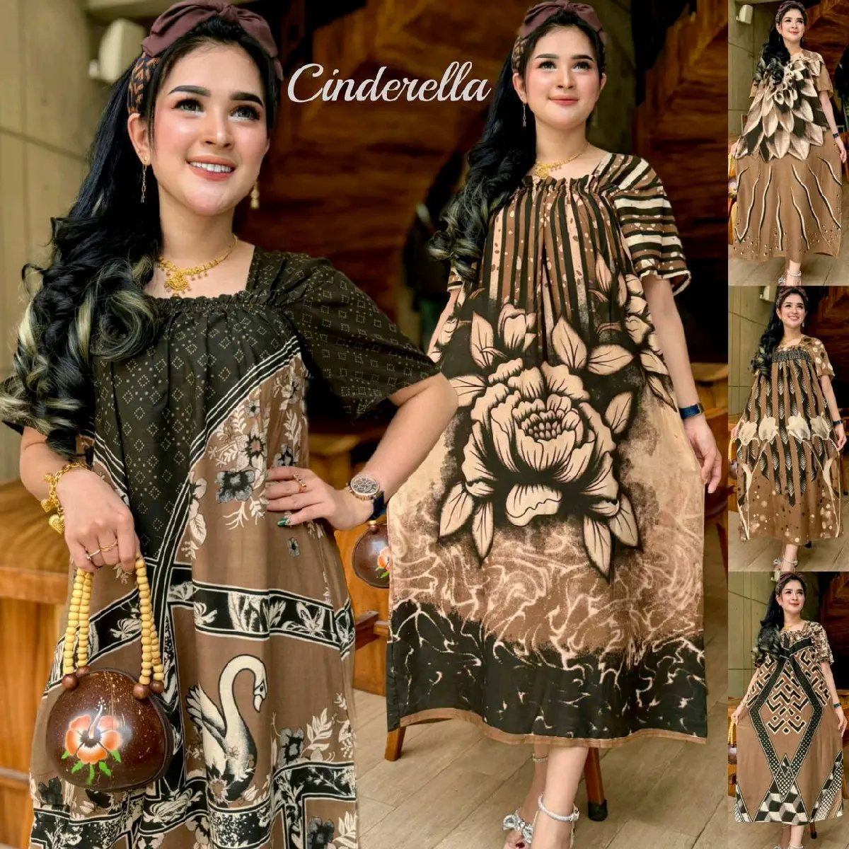 DASTER FUJI BUSUI JUMBO MURAH MOTIF ( CINDERELLA ) Coklat  Rayon Standar Bumil
