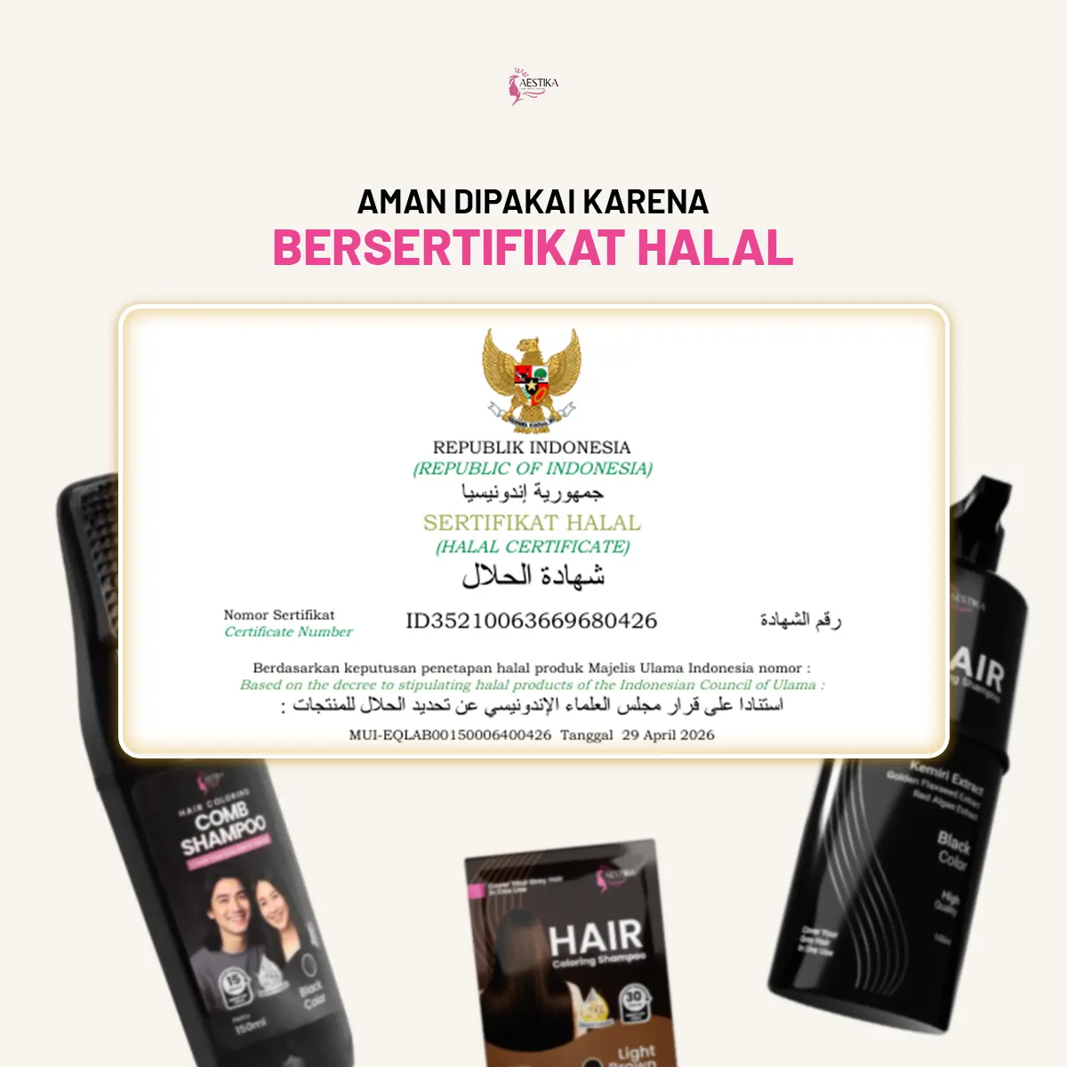 Aestika Hair Coloring Shampoo bersertifikat Halal dan terdaftar BPOM
