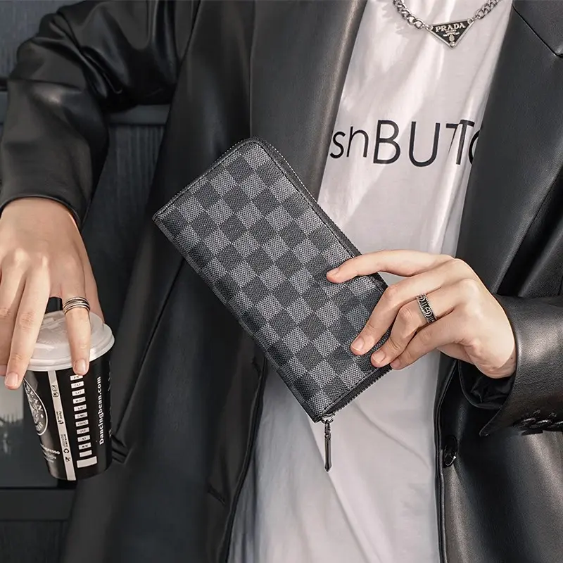 2023 New Men's Plaid Long Wallet Trendy and Casual GG Pattern Wallet Personalized Long Style Card Bag Card Clip