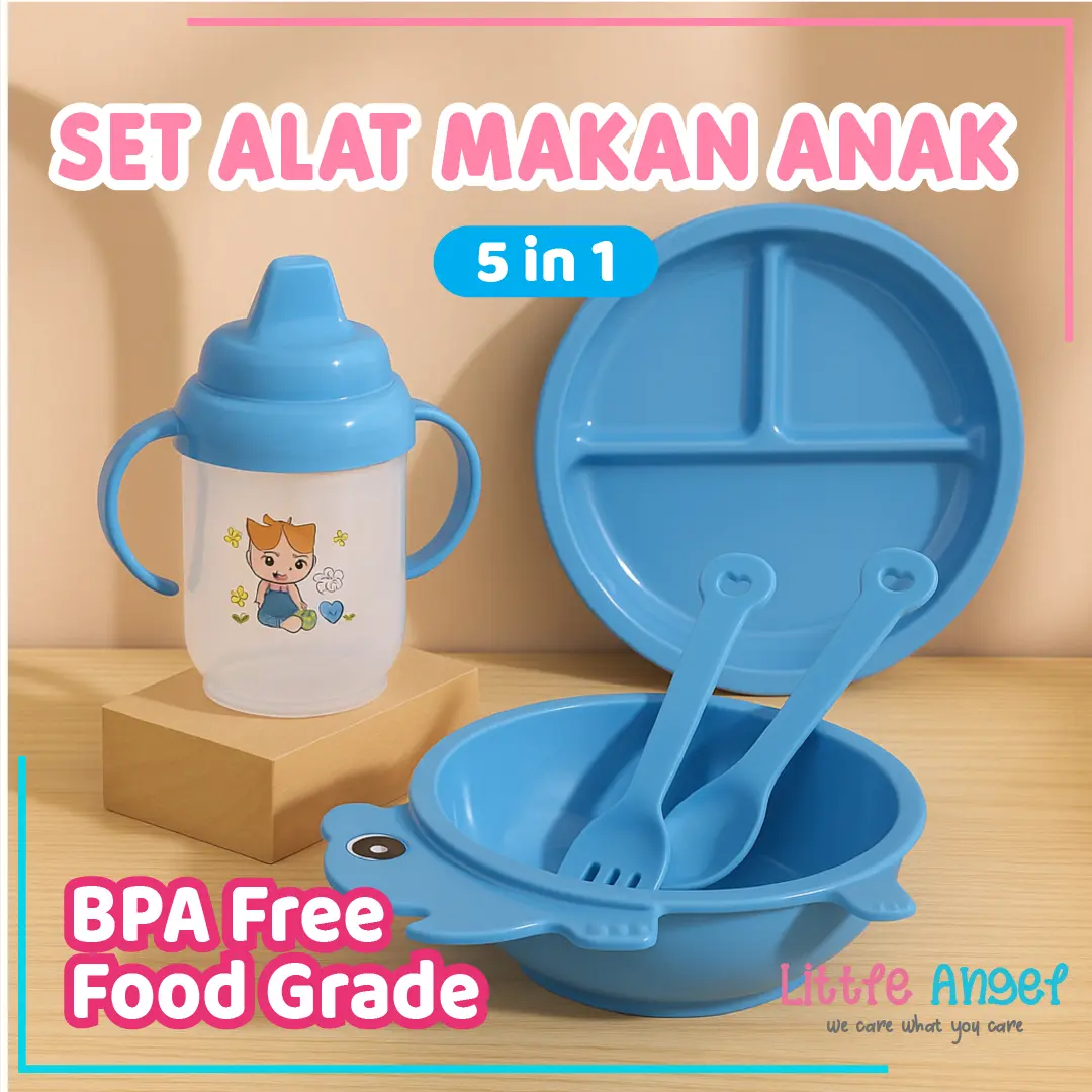Set Alat Makan Anak 5 in 1 Perlengkapan MPASI Premium Feeding Peralatan Tempat Makanan bayi Anak Cowo Cewe Set Piring Mangkok Botol Sendok Garpu Makan Food Containers Set Hampers Gift Hadiah Ulang Tahun Anak