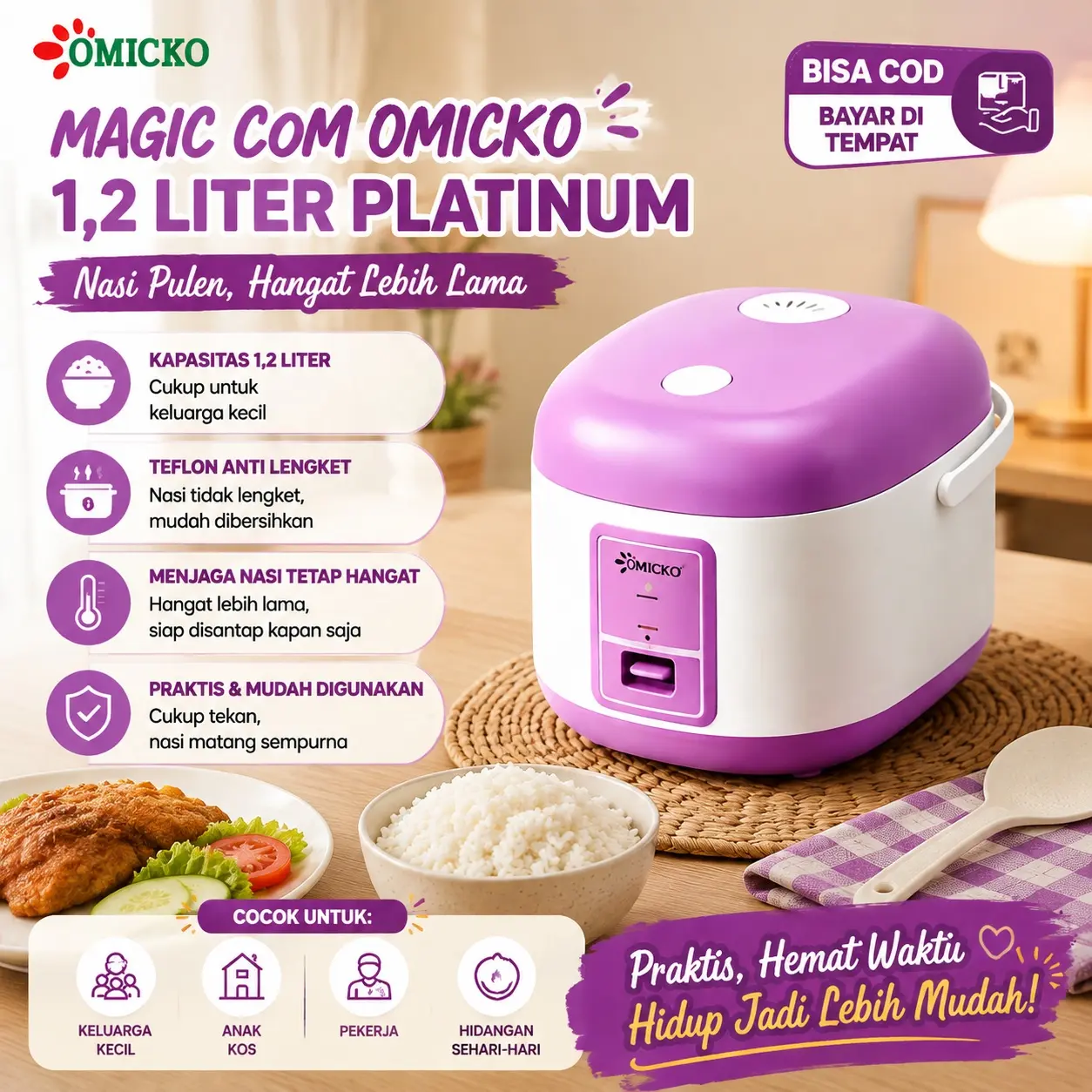 Omicko Magic Com Platinum 3in1 1.2L 1.8L Rice Cooker Penanak Nasi Anti Lengket Masak Kukus Hangatkan Hemat Listrik Bonus Aksesoris Praktis Cocok Kos Rumah Tangga Bisa COD