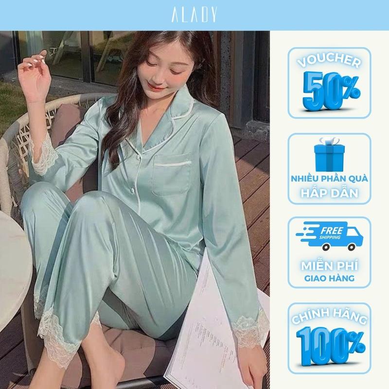 ALADY TD055 - Đồ bộ Pijama tay dài màu xanh màu hồng đơn giản sang trọng với chất liệu lụa Latin óng ả mềm mại và thoáng mát Quần Ngủ Áo Ngủ