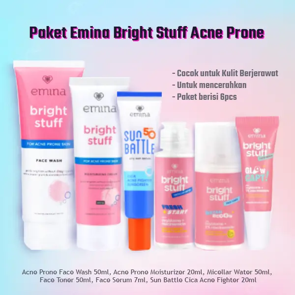 Paket Emina Bright Stuff Normal / Oily / Acne Prone Skin 6pcs - Paket Facial Mencerahkan Memutihkan
