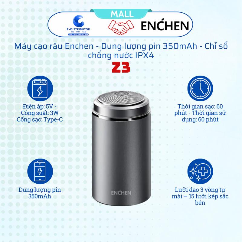 Enchen - Máy Cạo Râu Mini Z3 Bỏ Túi - Lưỡi Dao Kép Tự Mài, Chống Nước IPX4, Pin 350mAh, Cổng Sạc Type-C