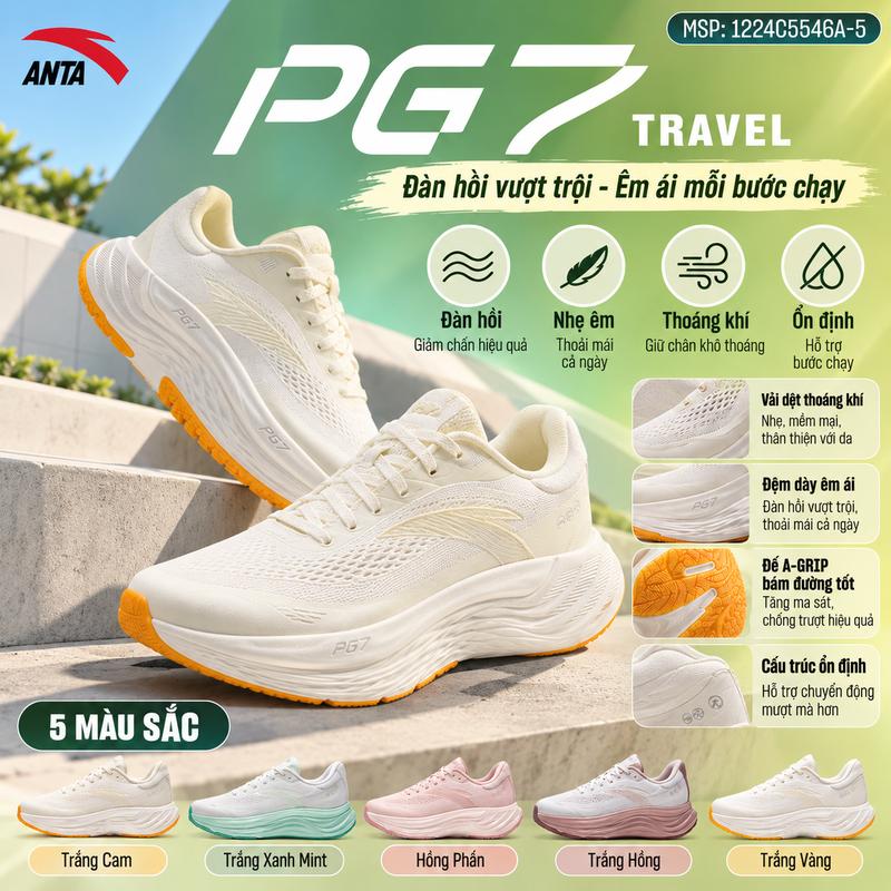 ANTA Giày Chạy Bộ Nữ PG7 TRAVEL 2 | Giày Running Thể Thao 5-10 km Siêu Nhẹ Thoáng Khí Đế Cao Su Đàn Hồi Êm Ái Hạn Chế Trơn Trượt 1225B5546A