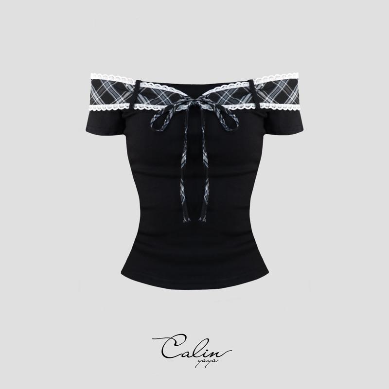  Lacy Top - Áo thun kiểu trễ vai phối cổ caro buộc nơ dễ thương 