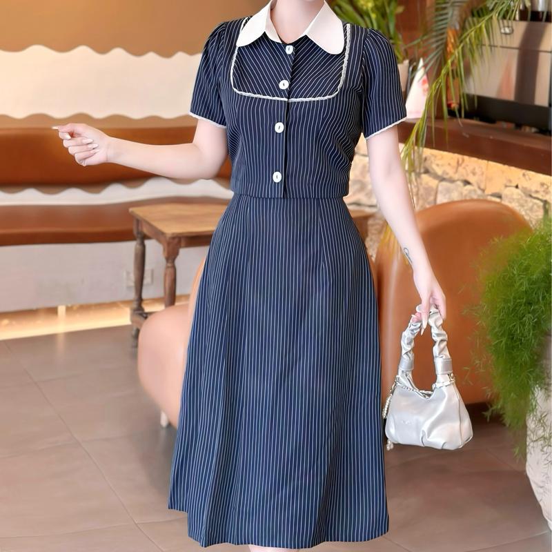  Set chân váy áo xanh đen sọc đẹp thanh lịch thiết kế cao cấp công sở đi làm đi tiệc áo cổ sơ mi  tay ngắn chân váy chữ a Lux W Fashion 