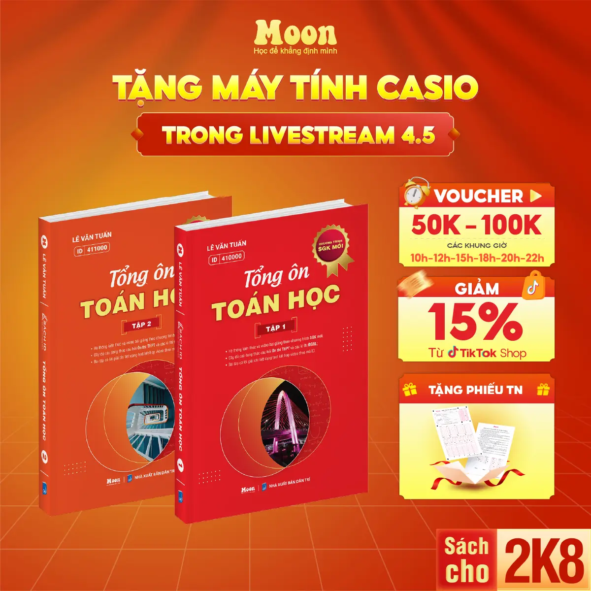 Sách Toán 12 cho 2k8 chương trình mới, Tổng ôn toán học ôn thi thpt quốc gia, đgnl Moonbook