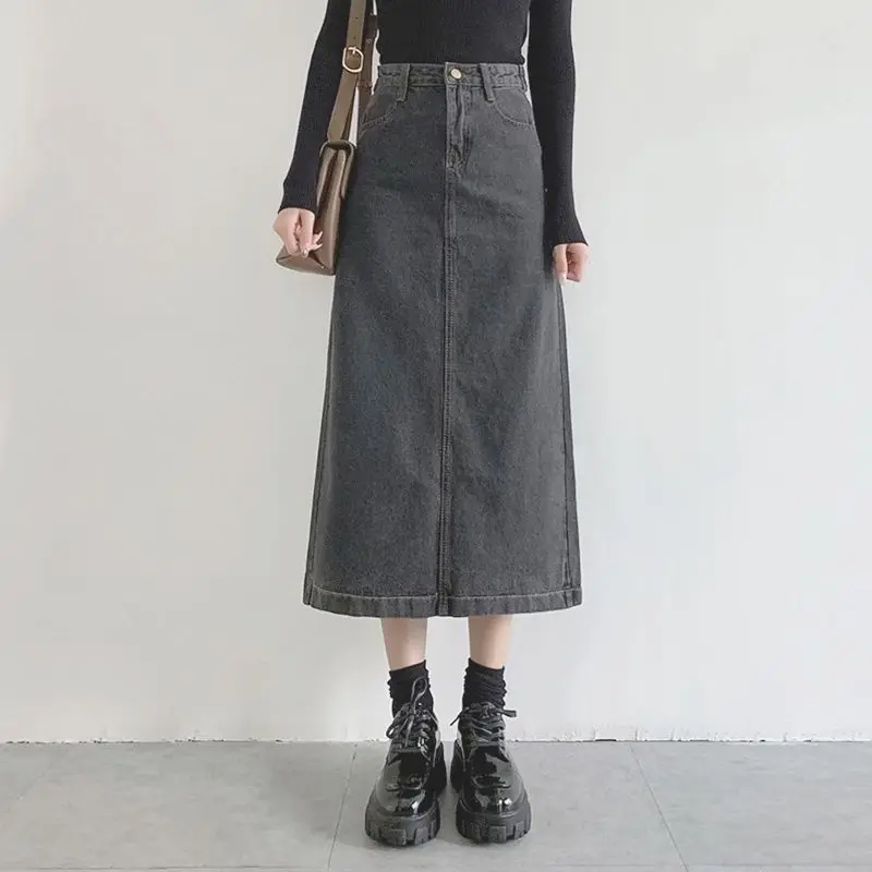 NADHIRA Highwaist Rok Jeans Wanita Panjang 7/8 Model A-Line Basic Skirt Pendek Belah Belakang Stretch Samping Stretch Samping