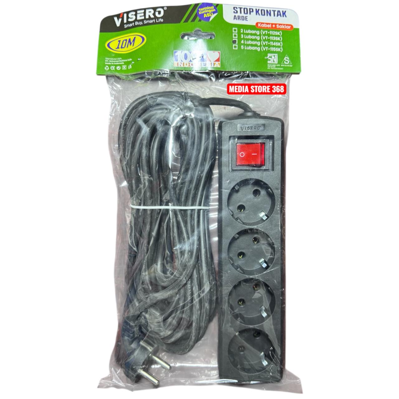 VISERO Stop Kontak/Terminal 5 Lubang Body HITAM Kabel 10M dengan Switch On/Off SNI Kabel Asli Tembaga Tahan Panas Kuat Tahan Lama