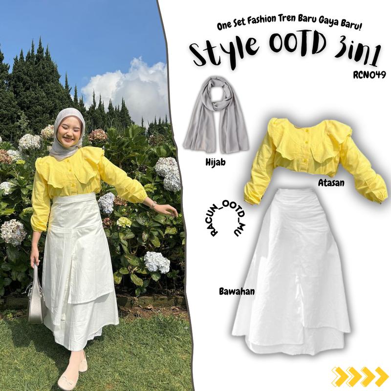 Setelan OOTD Kekinian 3in1 Style Korea Wanita Baju Blouse Ruffle & Rok Susun Mekar dengan Hijab Muslim Atasan 0