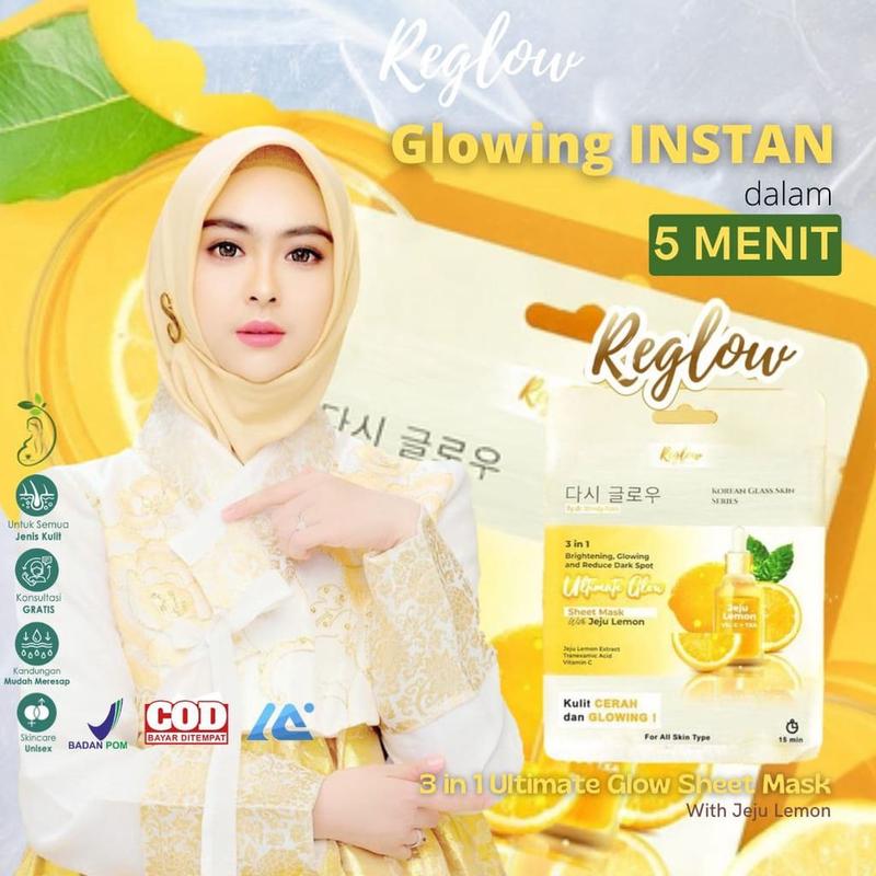 Product Introduction of Reglow Sheet Mask 25 g / Masker Wajah 3in1 Ultimate Glow with Jeju Lemon / Mencerahkan Melembabkan Menghilangkan Flek Hitam Muka 31