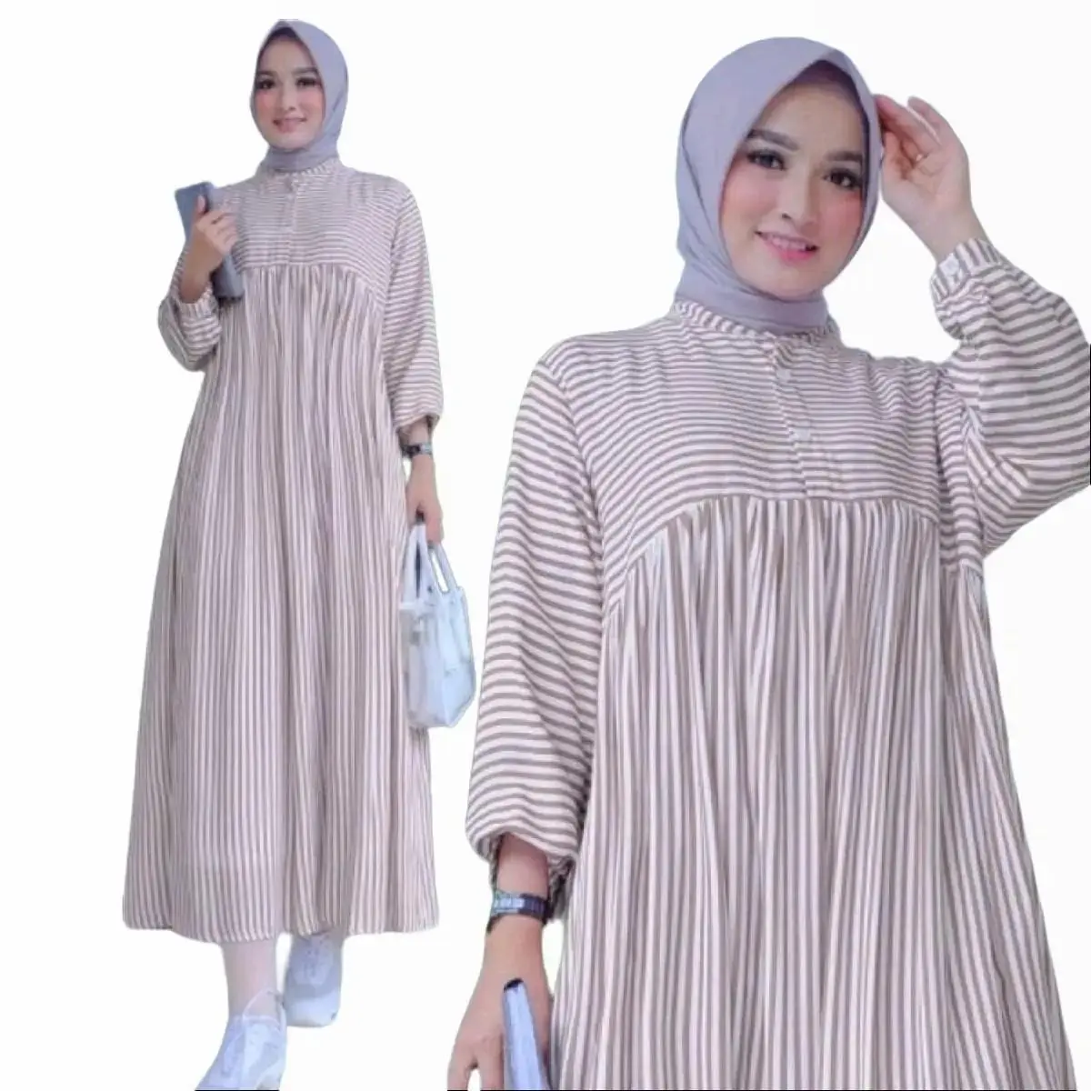 Midi Dress Jumbo Terbaru  Gamis Wanita  Oversize Motif Salur Stripe Garis Muslim Panjang Rayon Katun