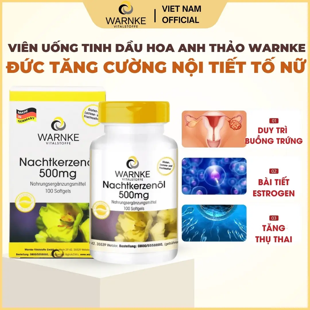 Tinh Dầu Hoa Anh Thảo Đức Warnke Nachtkerzenol 500mg 100 viên điều hòa nội tiết tố nữ, tăng thụ thai,làm đẹp da, bổ sung vitamin e
