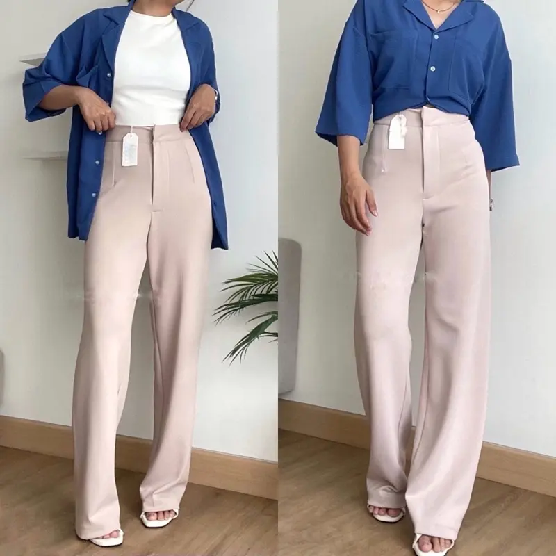 Loose Pants Scuba Celana Antu Kusut Celana Kulot Wanita Polyester Panjang Basic Karet Abu Stretch Formal