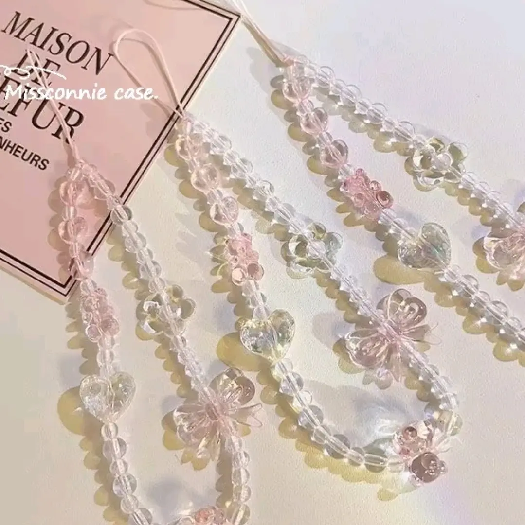 INS Korea Fashion Transparan Love Heart Bow Bracelet Aksesoris Tali Tali Ponsel